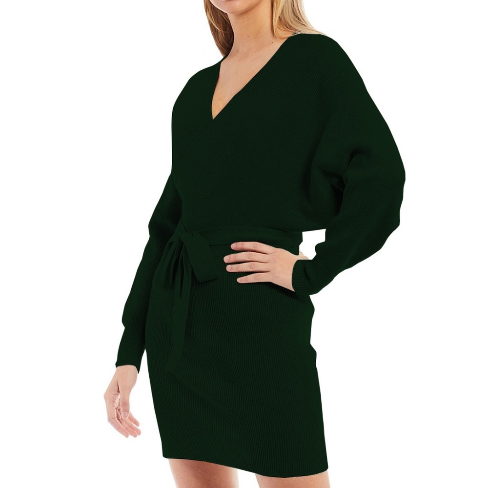 Bianni Gini Olive Crossover V-Neck Long Sleeve Knitwear Dress